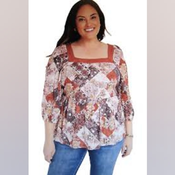 Maurices Tops - Maurices Crochet Trim Patchwork Babydoll Blouse NWT, size 1X